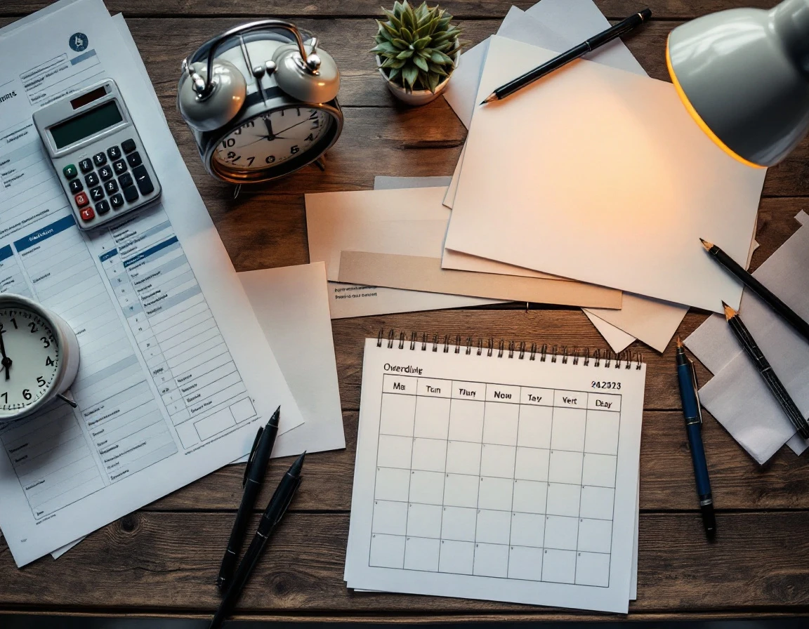Overhead view of desk workspace with clock, calculator, and blank scheduling documents during late-night planning