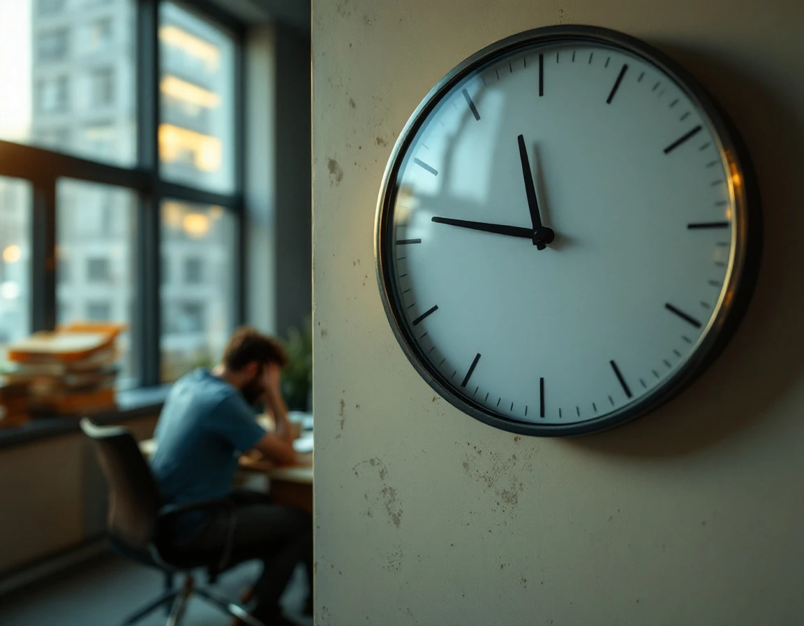 Unmarked analog clock in office with employee working late during peak season overtime hours