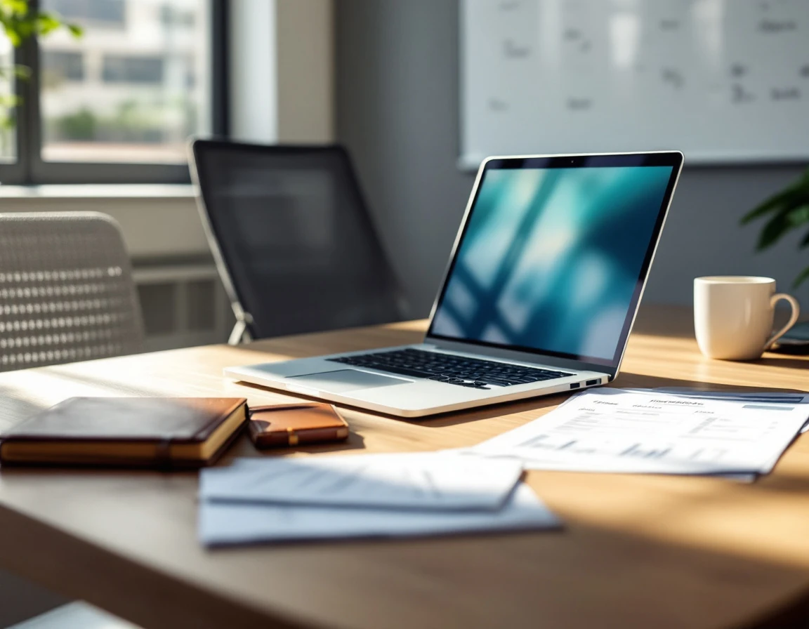 Modern workspace with laptop, timesheets, and planner for employee scheduling and overtime management