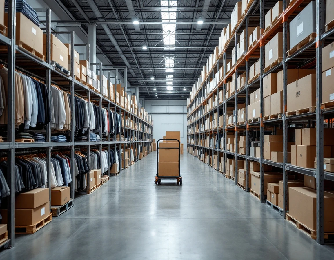 Retail warehouse with organized inventory shelving and logistics cart during off-peak operational period