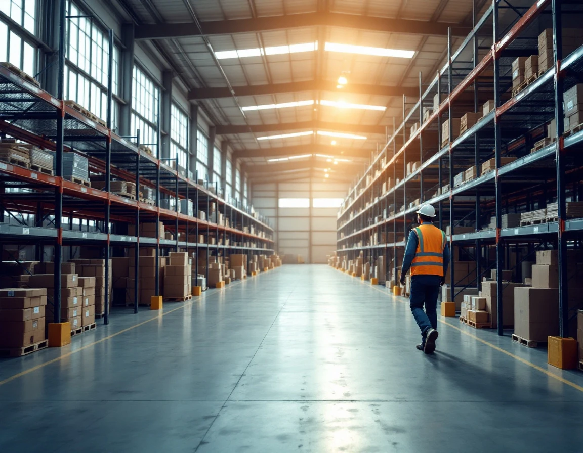 Warehouse worker walking through organized retail storage facility with empty shelving during slow season