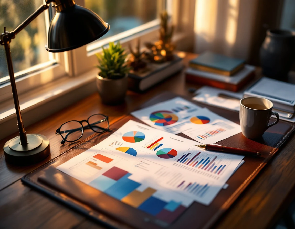 Office desk with planning documents, charts, and scheduling materials arranged under warm lamp light