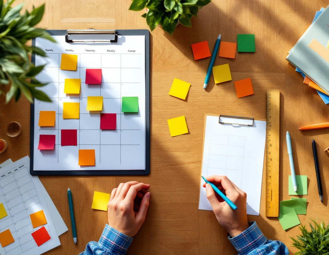 Workspace flat-lay with color-coded sticky notes on calendar and planning materials for multi-location coverage mapping