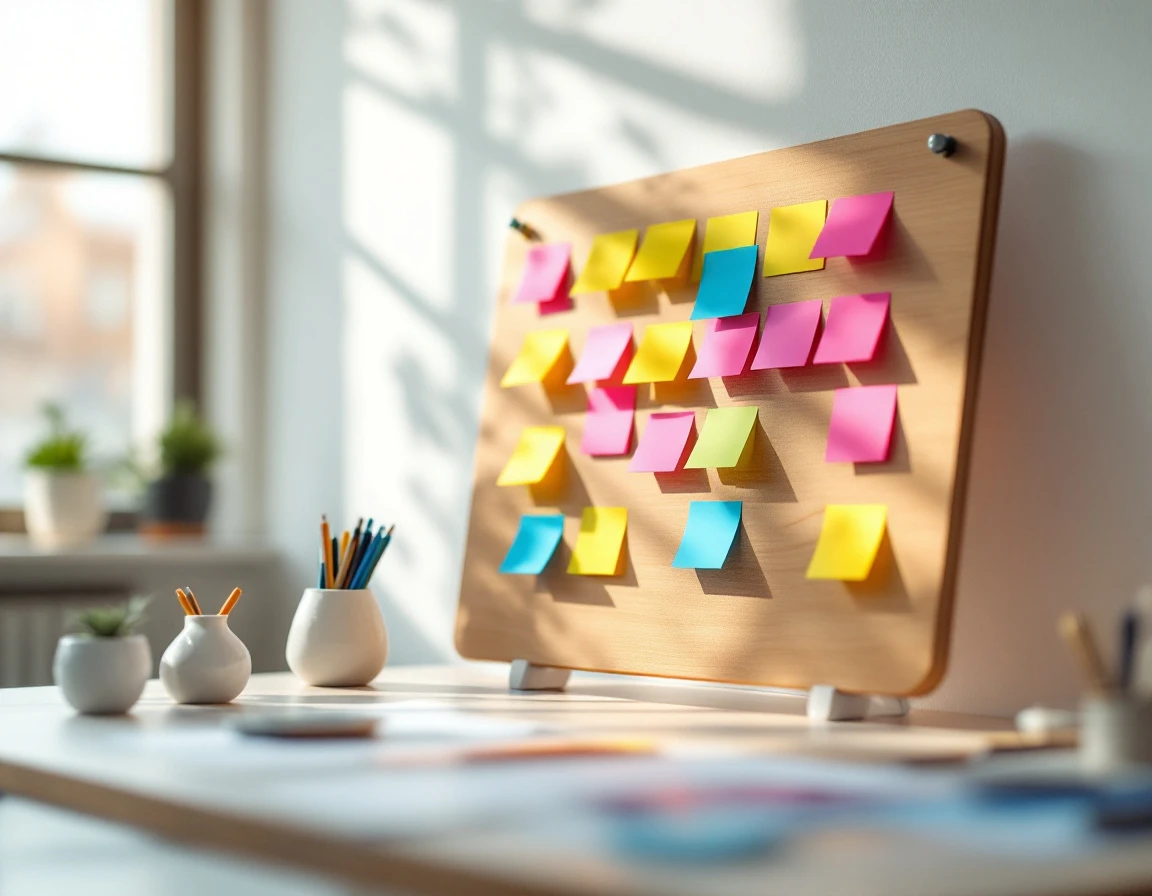 Wooden planning board with colorful sticky notes arranged in organized columns on a bright office desk