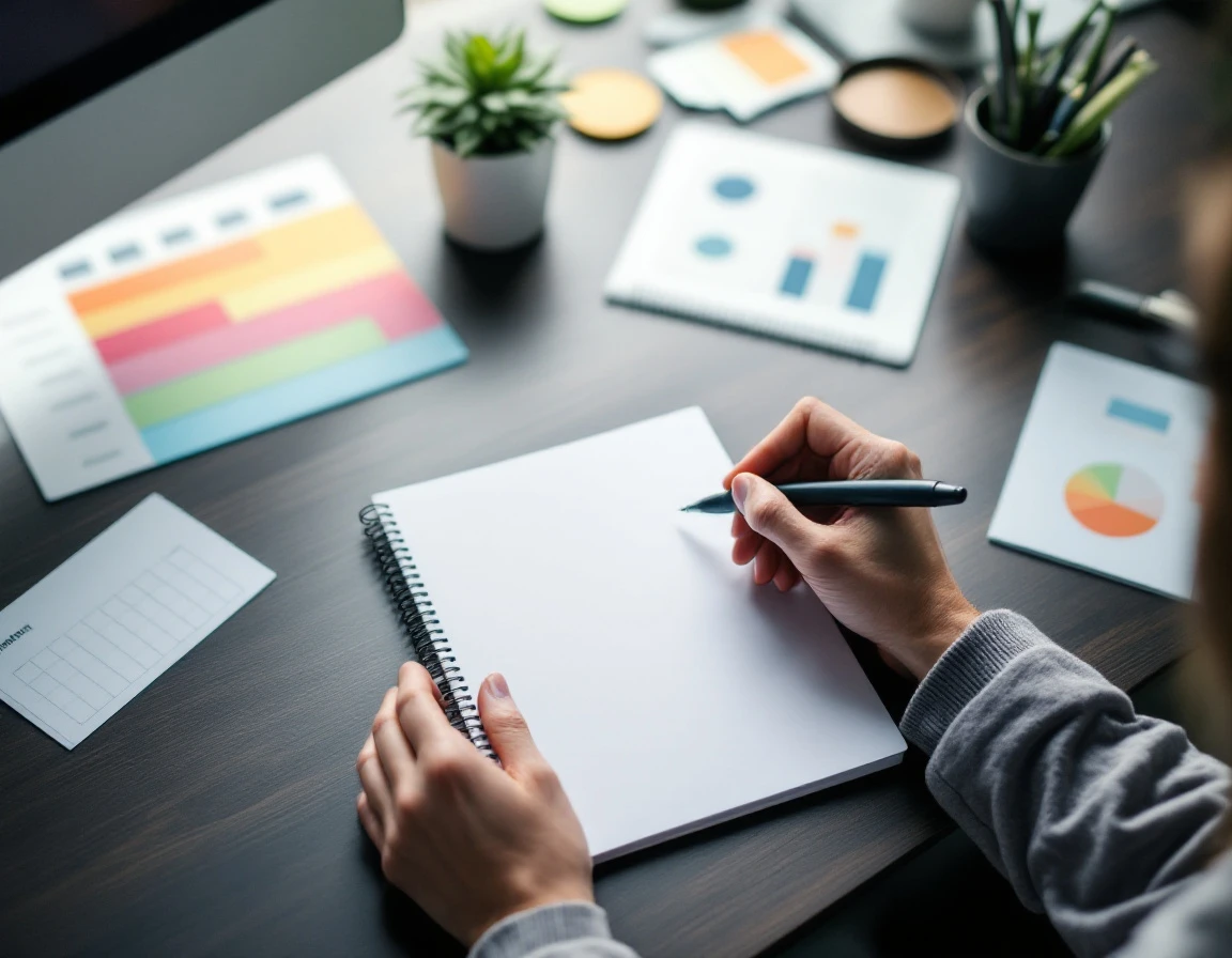 Hands with pen over blank notepad surrounded by abstract scheduling materials and colored time blocks
