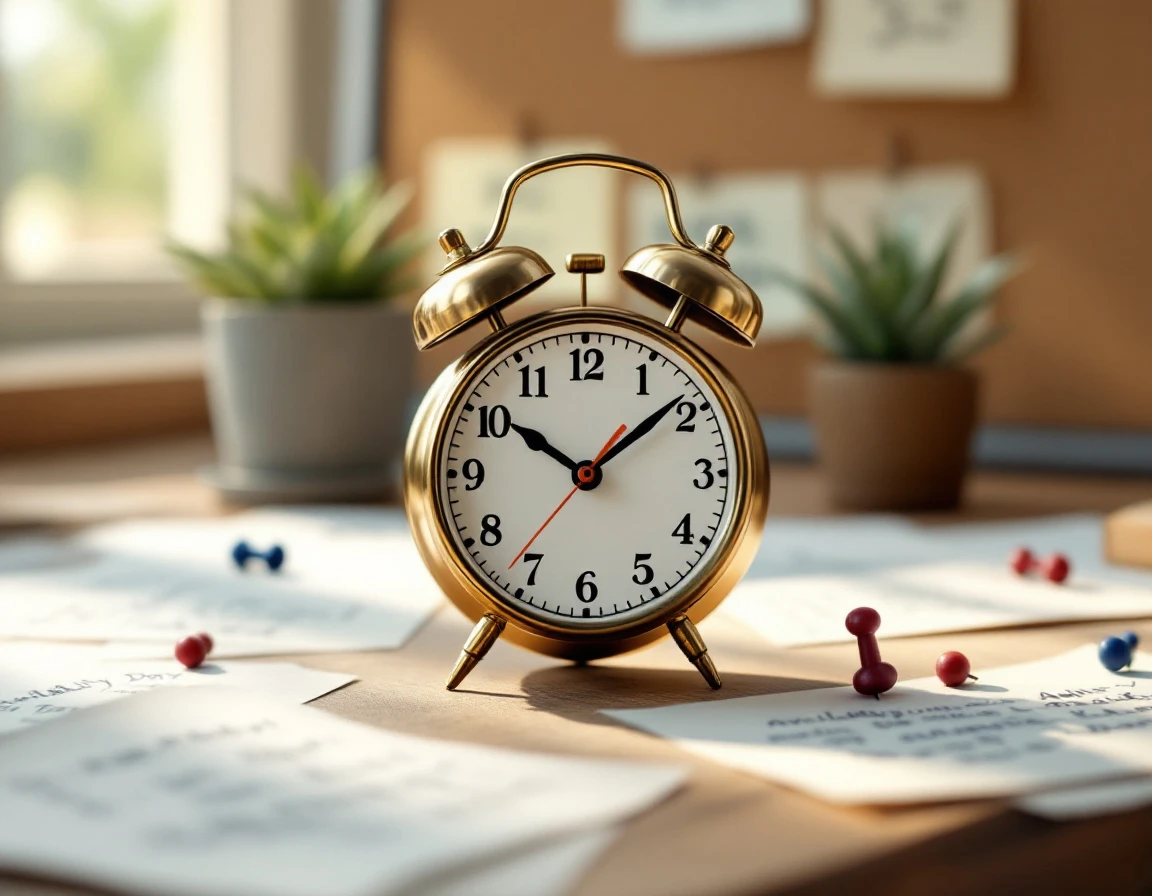 Brass alarm clock and paper schedules on wooden desk with morning window light