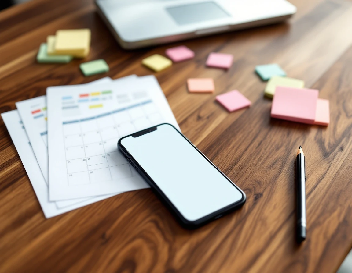 Overhead view of scheduling calendars and planning materials scattered on a wooden desk surface
