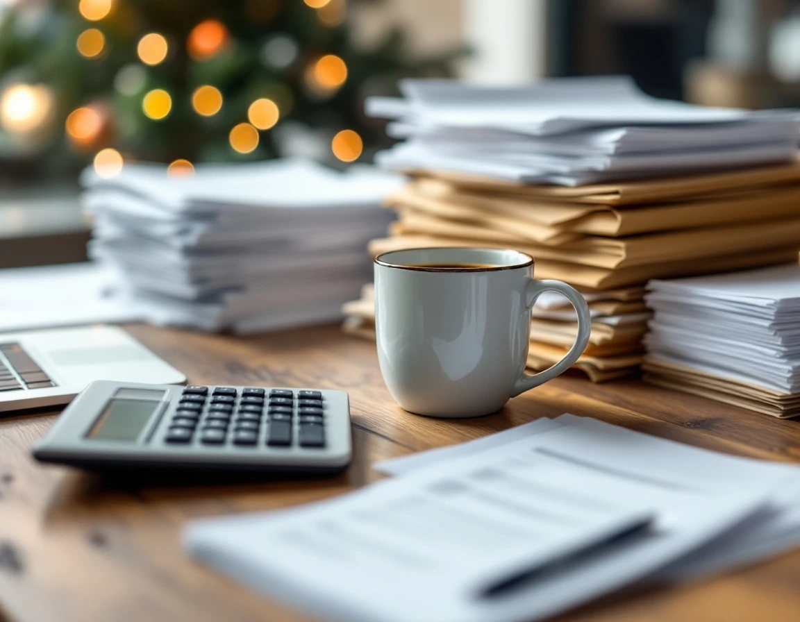 Coffee mug and calculator on wooden desk with blurred financial documents during retail planning session