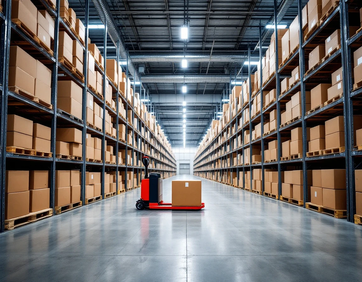 Warehouse aisle with metal shelving, inventory boxes, and pallet jack on concrete floor