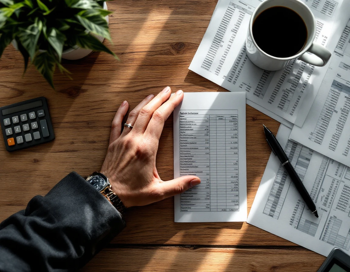 Overhead view of business planning workspace with calculator, coffee, and financial spreadsheets on wooden desk