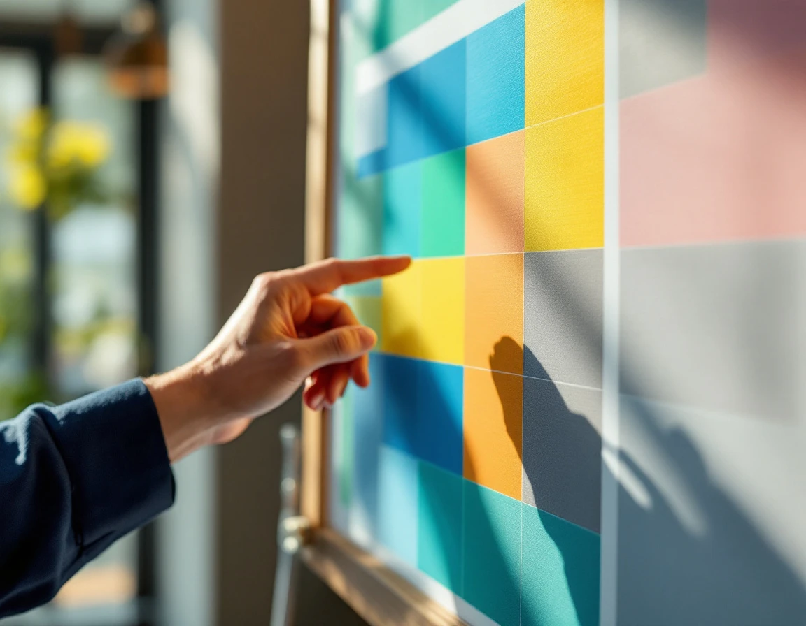 Abstract color-coded workforce planning board showing shift allocation patterns with hand gesture