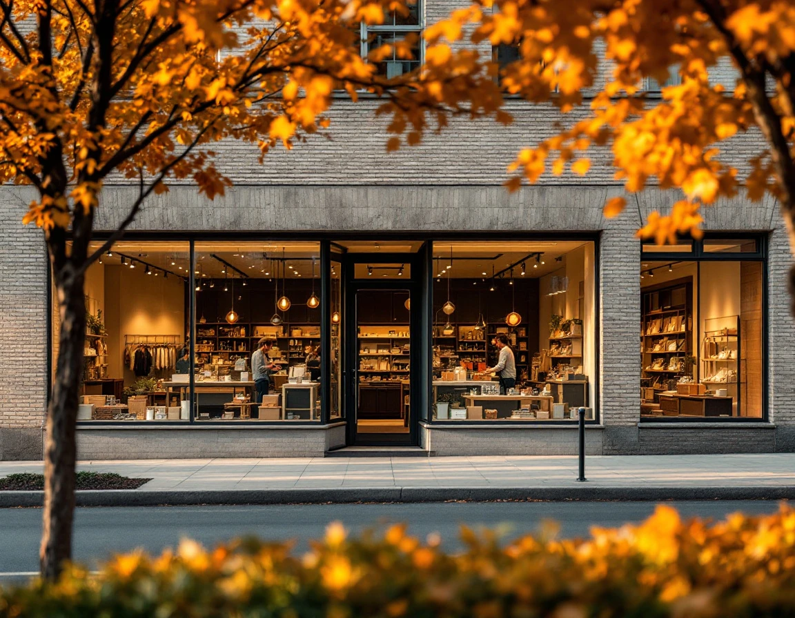 Seasonal retail storefront with autumn foliage during golden hour showing temporary retail operations