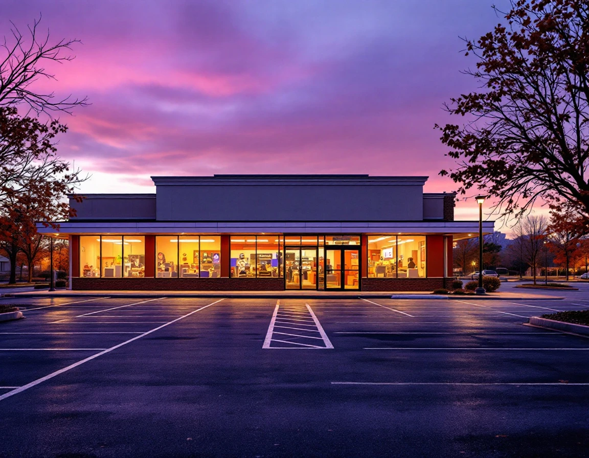 Standalone seasonal retail store building at dusk in suburban parking lot during autumn Halloween shopping season