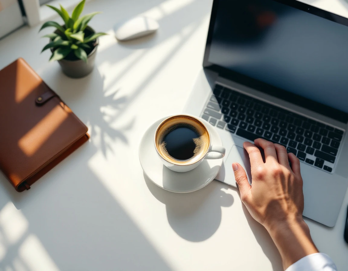 Professional workspace with laptop and coffee cup in natural morning sunlight
