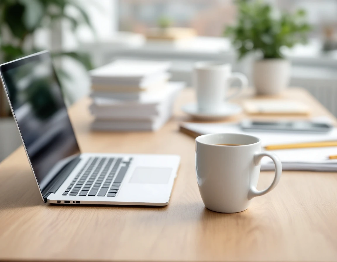 Minimalist desk workspace with coffee and closed laptop suggesting organizational planning and preparation