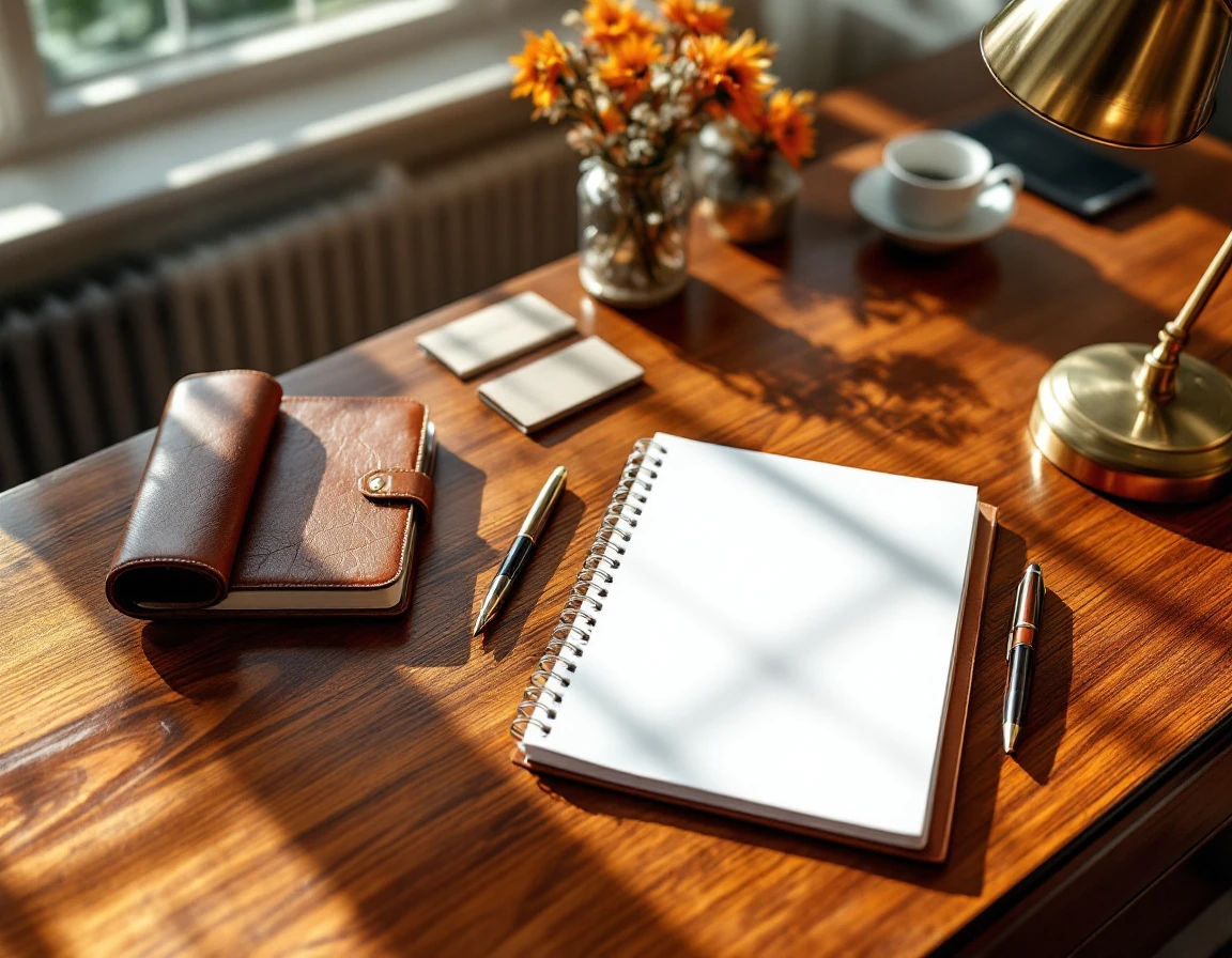 Organized executive desk with blank planners and writing instruments in natural window light