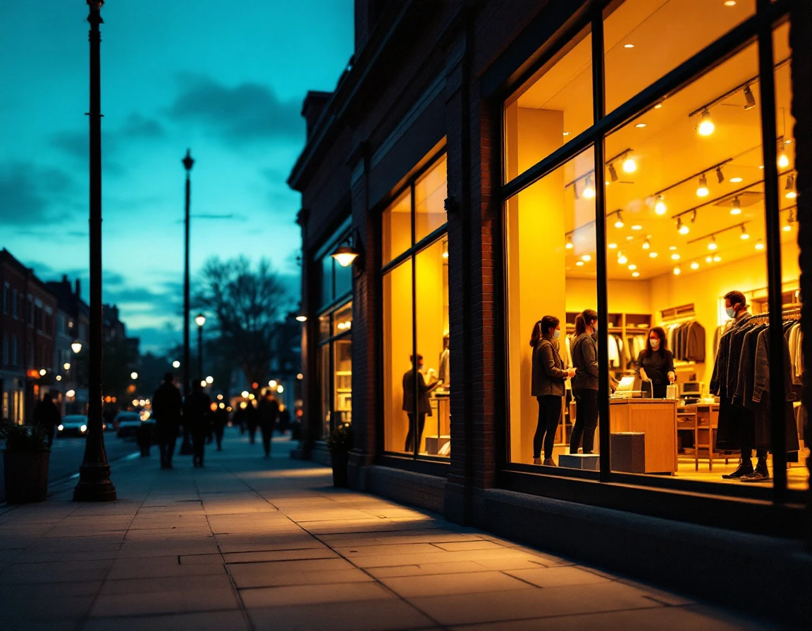Retail store at dusk with warm interior lighting showing employees working during evening shift hours