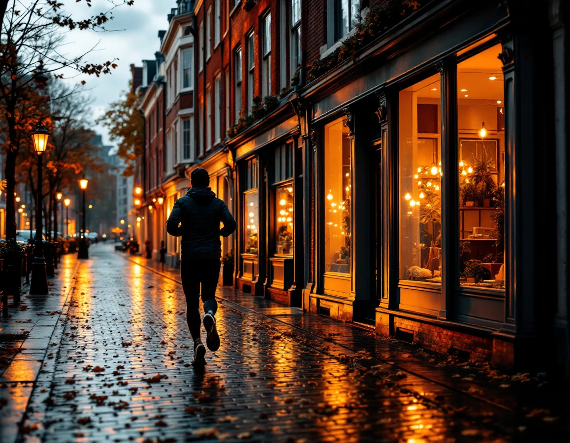Historic European street at sunset with jogger on wet cobblestones during autumn evening
