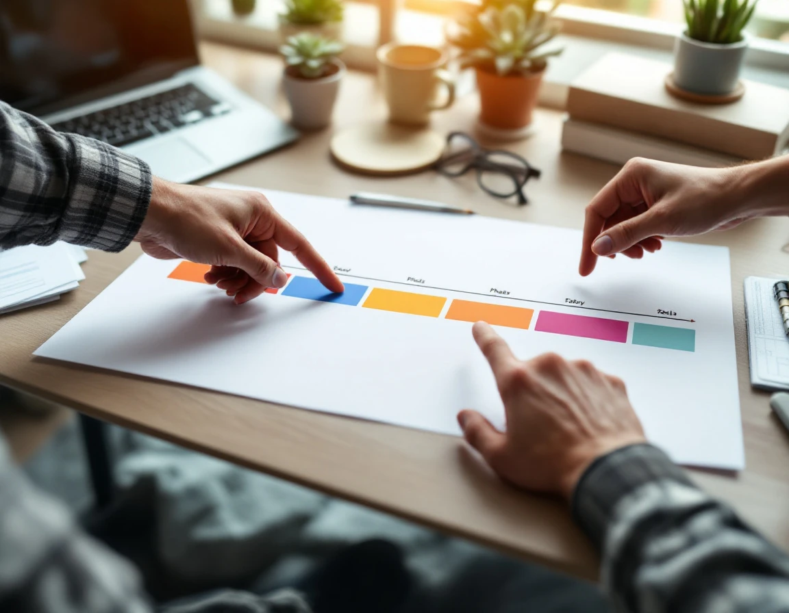 Two hands collaboratively reviewing a color-coded 30-day implementation timeline on an office desk