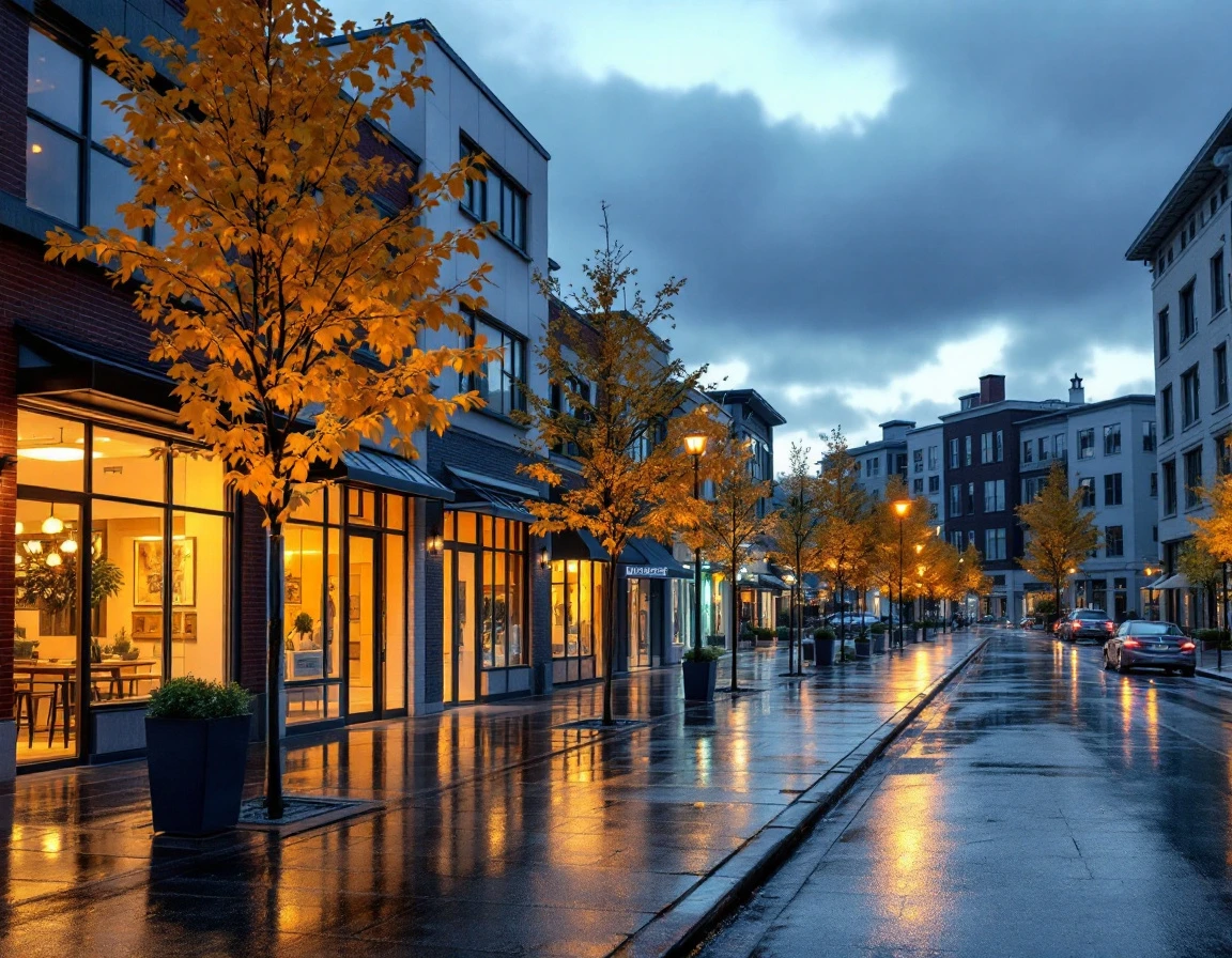Modern retail corridor at dusk with wet pavement reflecting storefront lighting and autumn foliage