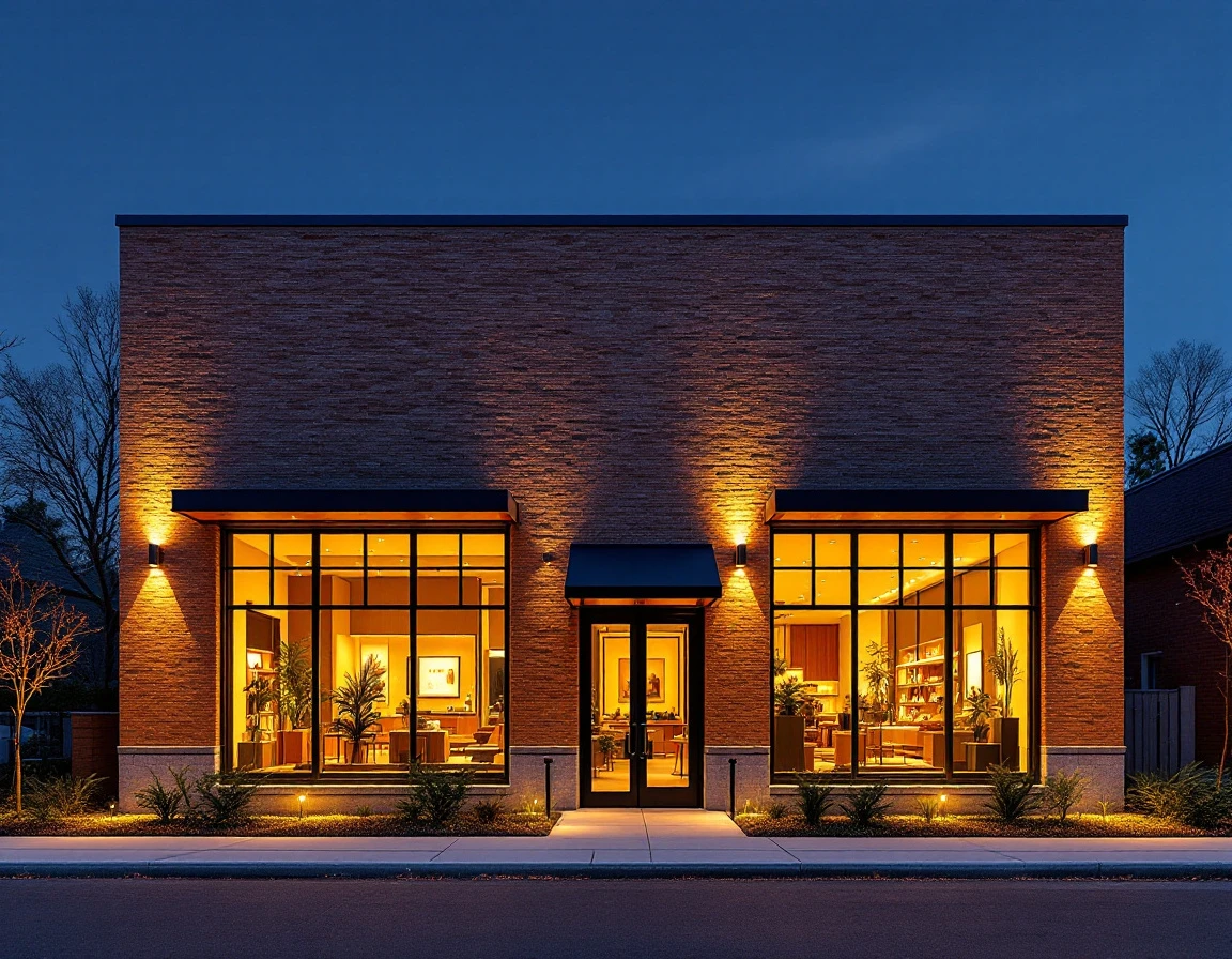 Modern brick retail building at dusk with warm interior lighting and natural landscaping