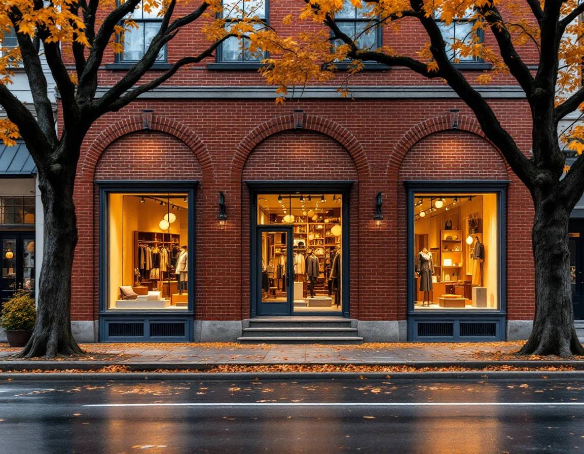 Upscale brick storefront with autumn foliage on a quiet commercial street