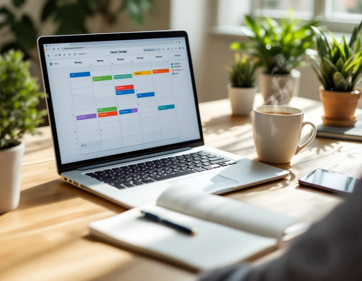 Laptop displaying calendar software alongside coffee and scheduling notes on home office desk