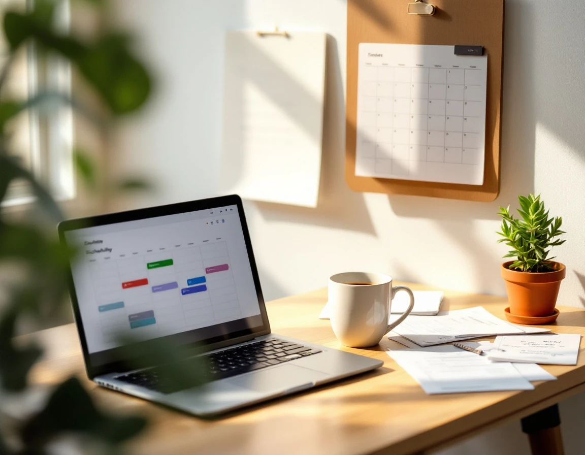 Laptop and workspace with blurred calendar showing summer scheduling and planning session