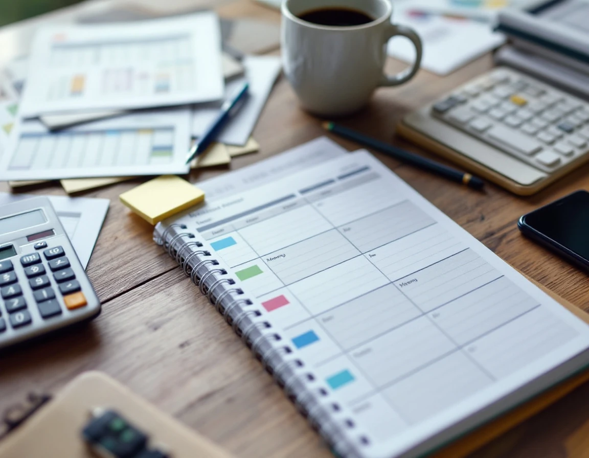 Retail scheduling workspace with planner, calculator, and workforce optimization tools on wooden desk