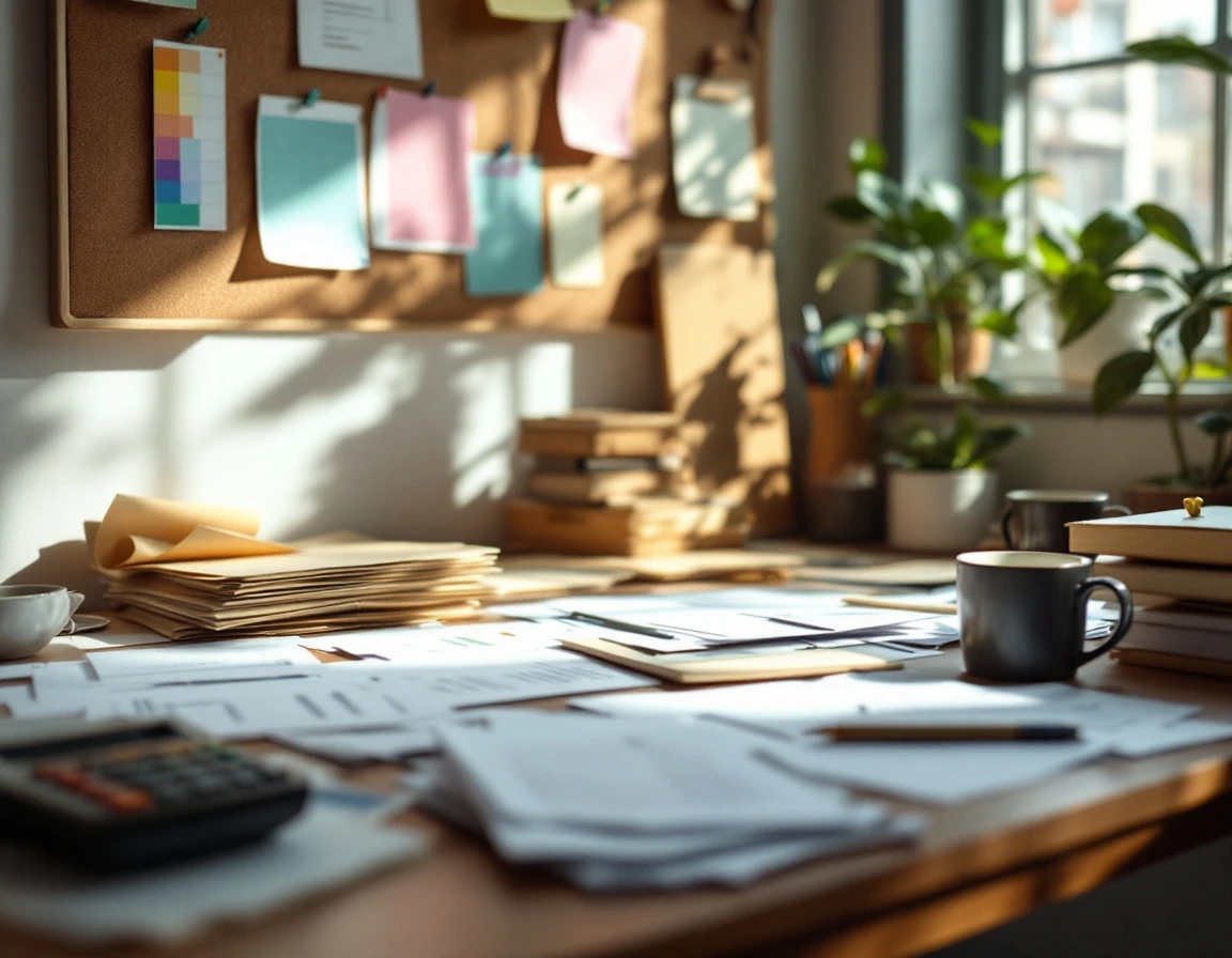 Retail manager's desk with scattered paper schedules and planning documents in natural lighting