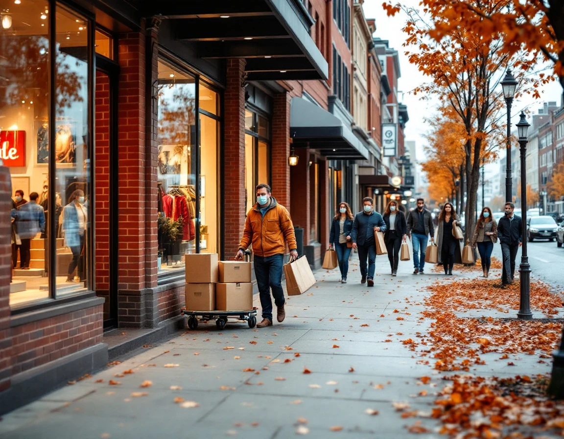 Urban retail street in autumn with workers and shoppers during busy Q4 operational season