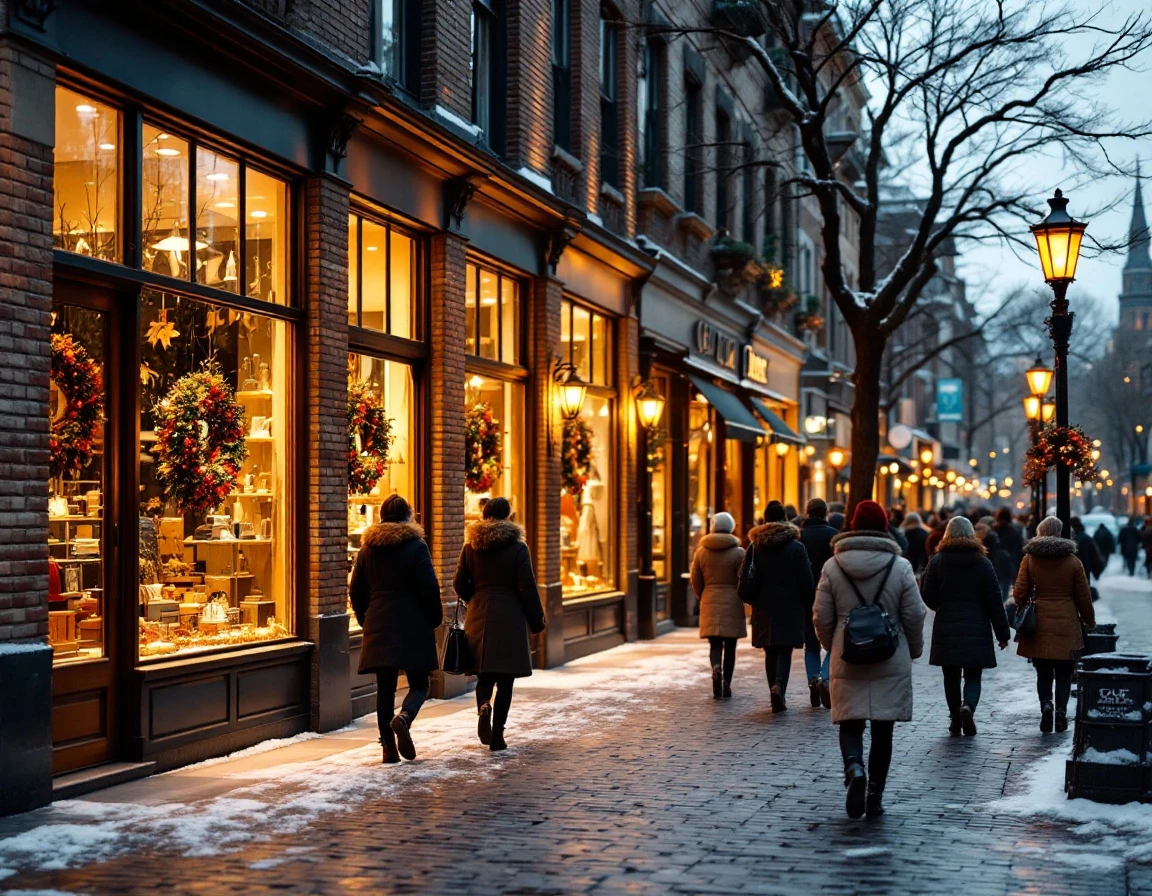 Urban retail street at dusk during Q4 holiday season with shoppers browsing illuminated storefronts