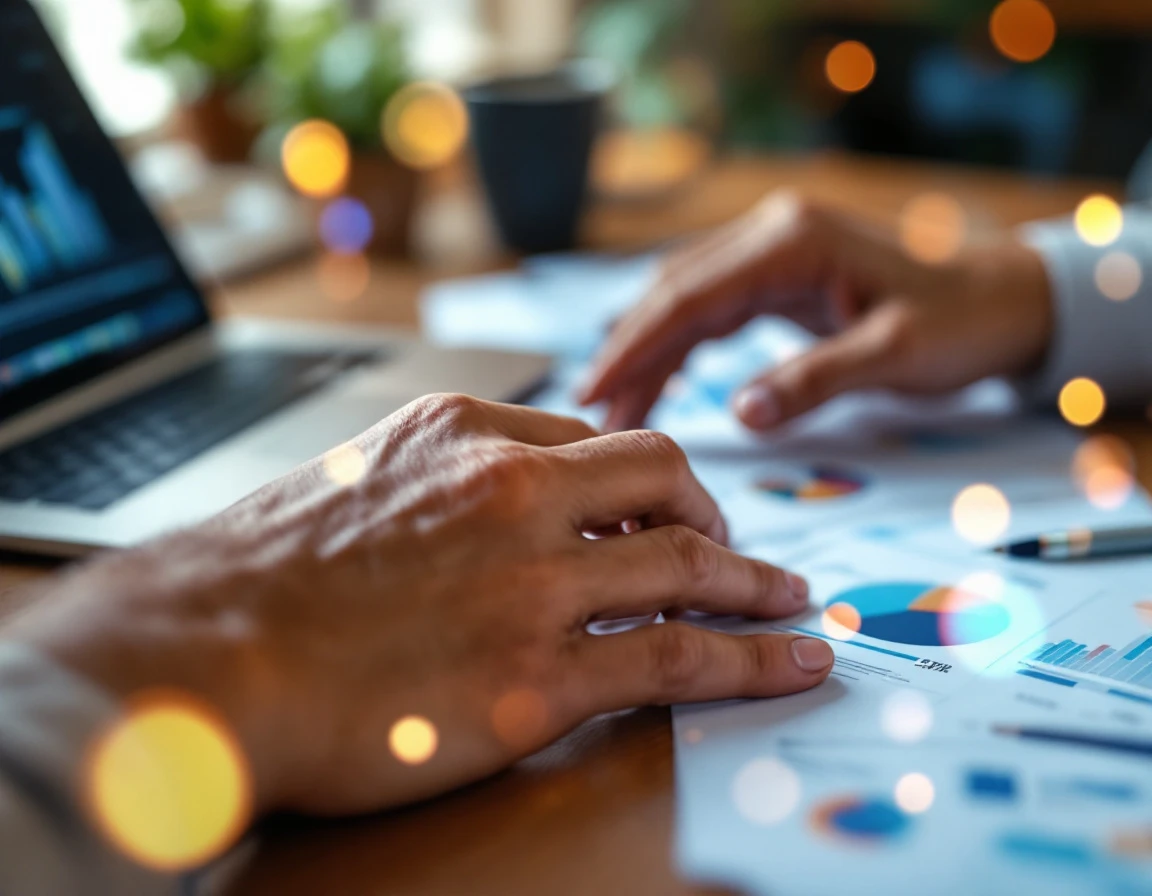 Hands analyzing workforce scheduling materials on desk with documents blurred in background