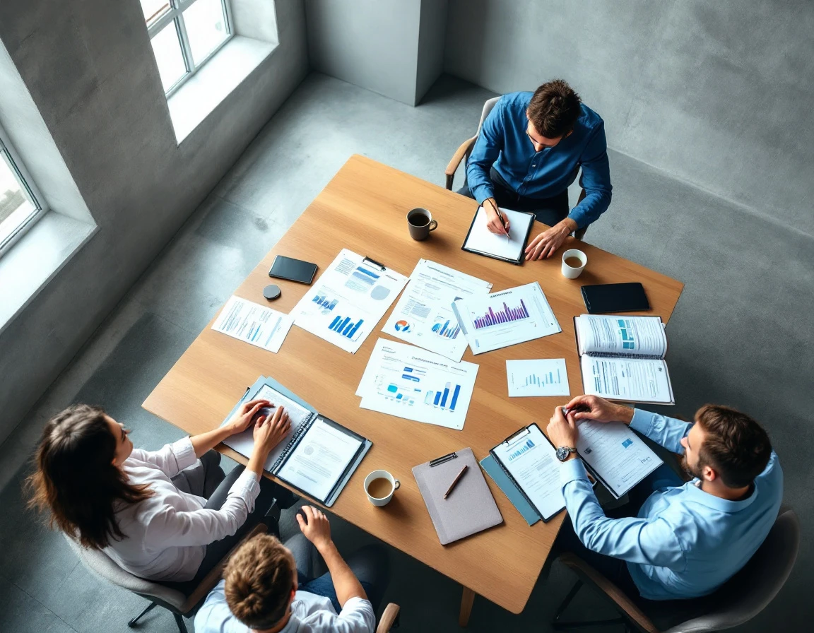 Overhead view of retail managers collaborating on workforce scheduling strategy in corporate meeting room
