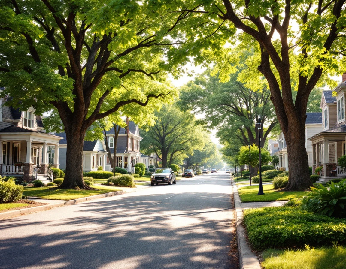 Peaceful suburban neighborhood street on a sunny June day with residents home during vacation season