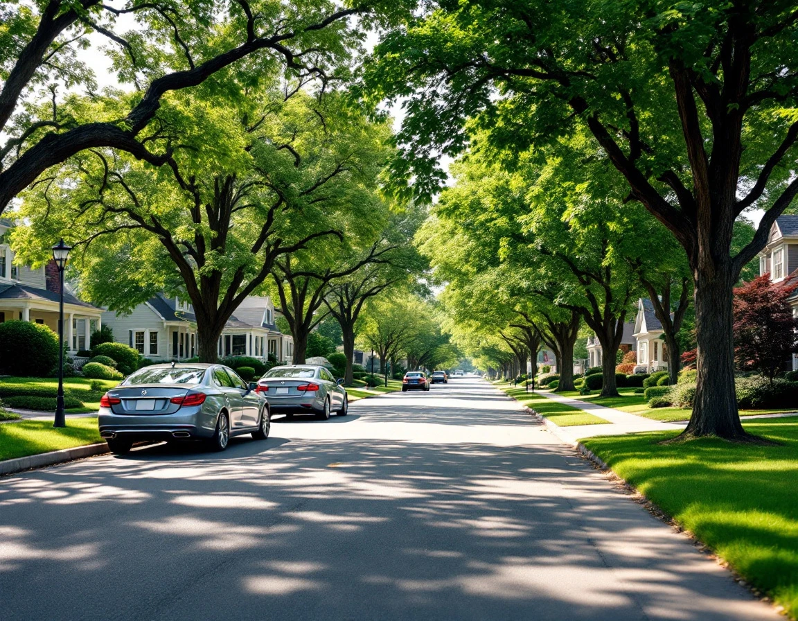 Quiet suburban street with parked cars and mature trees on a sunny June morning during vacation season