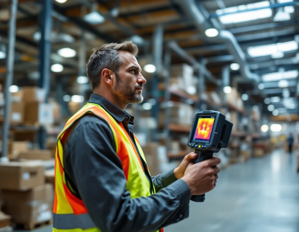 Warehouse manager using thermal imaging camera to monitor heat levels in retail distribution facility