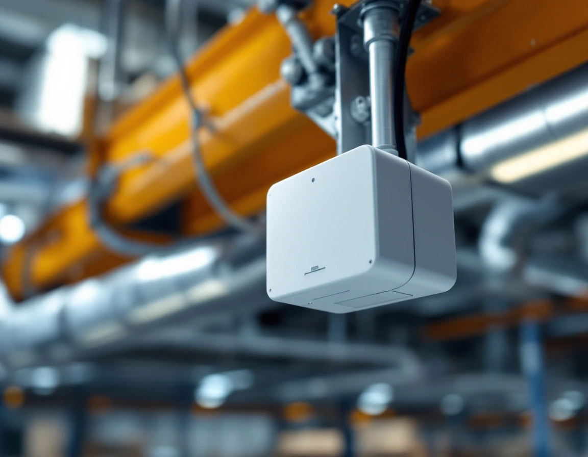 Thermal monitoring sensor mounted on warehouse ceiling for OSHA-compliant heat safety tracking