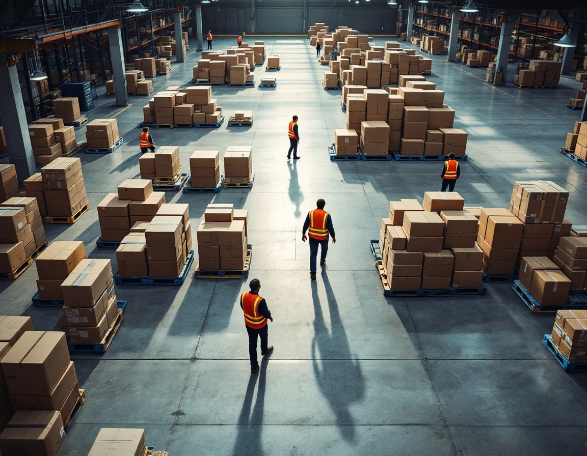 Warehouse workers coordinating shift changeover among organized pallet zones in a modern retail distribution center