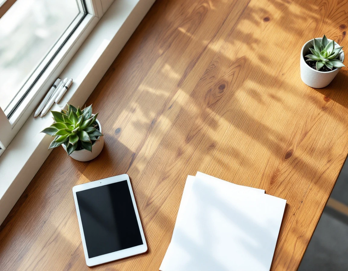 Overhead view of organized retail manager's desk with minimalist clock and workspace essentials