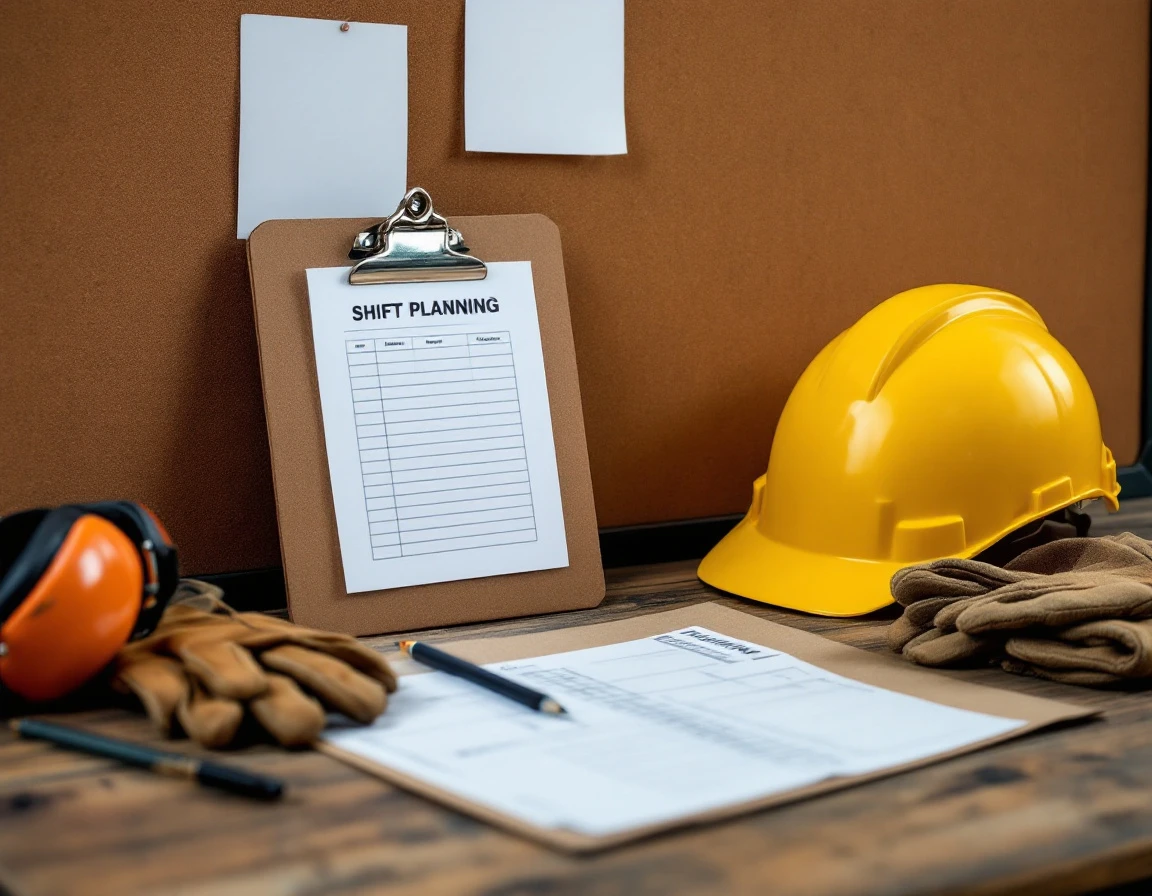Warehouse desk with blank shift planning sheets, safety equipment, and scheduling materials for operations