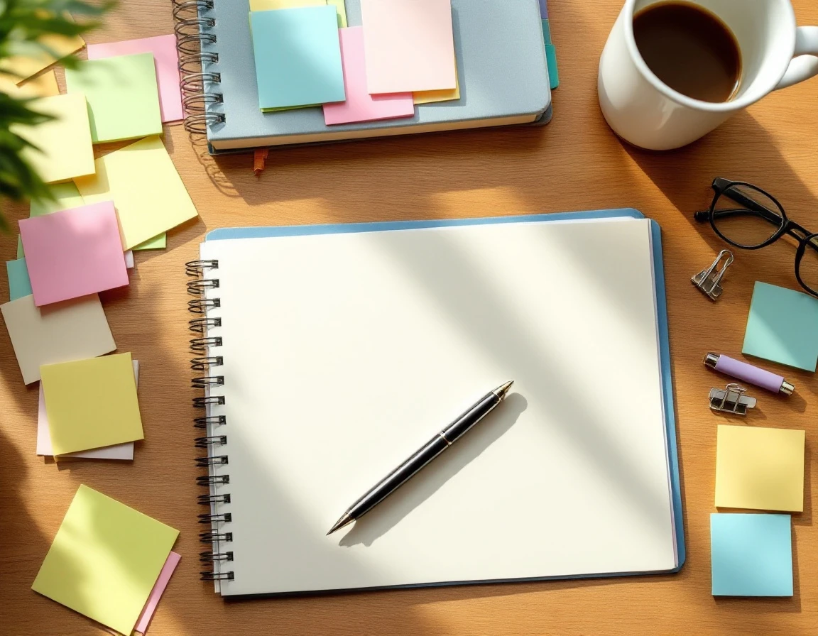 Overhead view of blank planner with colorful sticky notes and pen on wooden desk