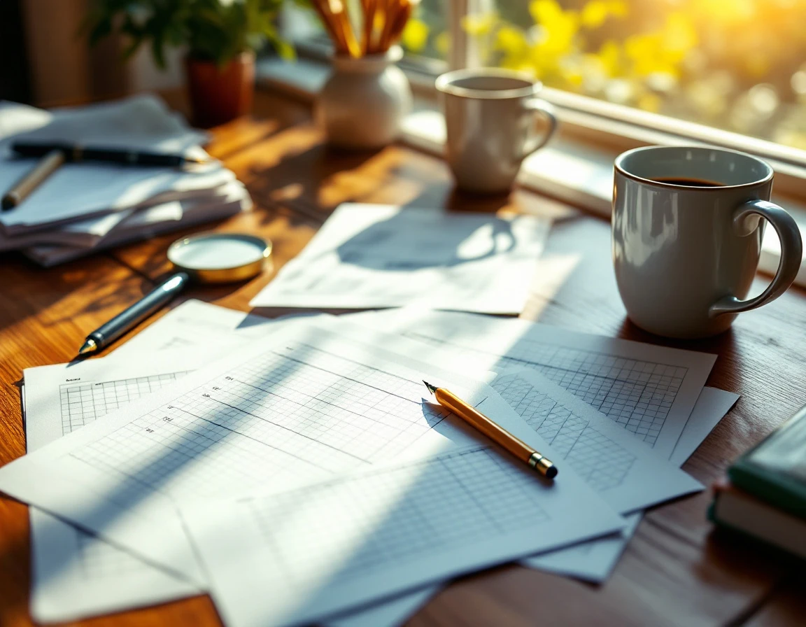 Wooden desk with scattered planning papers, coffee cups, and pens in warm natural summer light