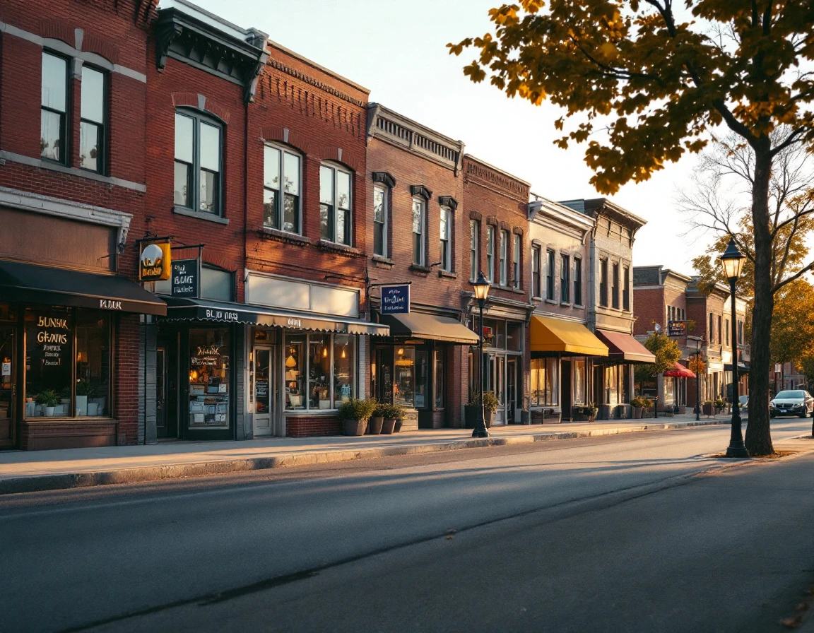 Retail storefronts of varying sizes along a brick-lined commercial street demonstrating location diversity