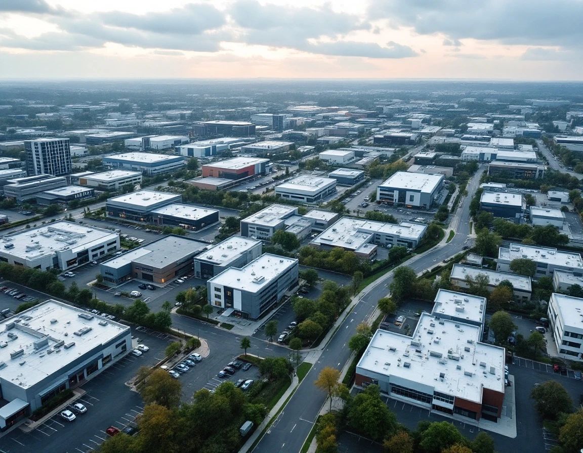 Aerial view of commercial district showing buildings of varying sizes and footprints