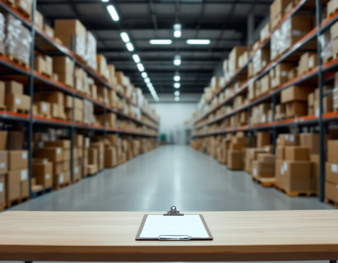 Retail stockroom with organized inventory shelves and blank clipboard on desk