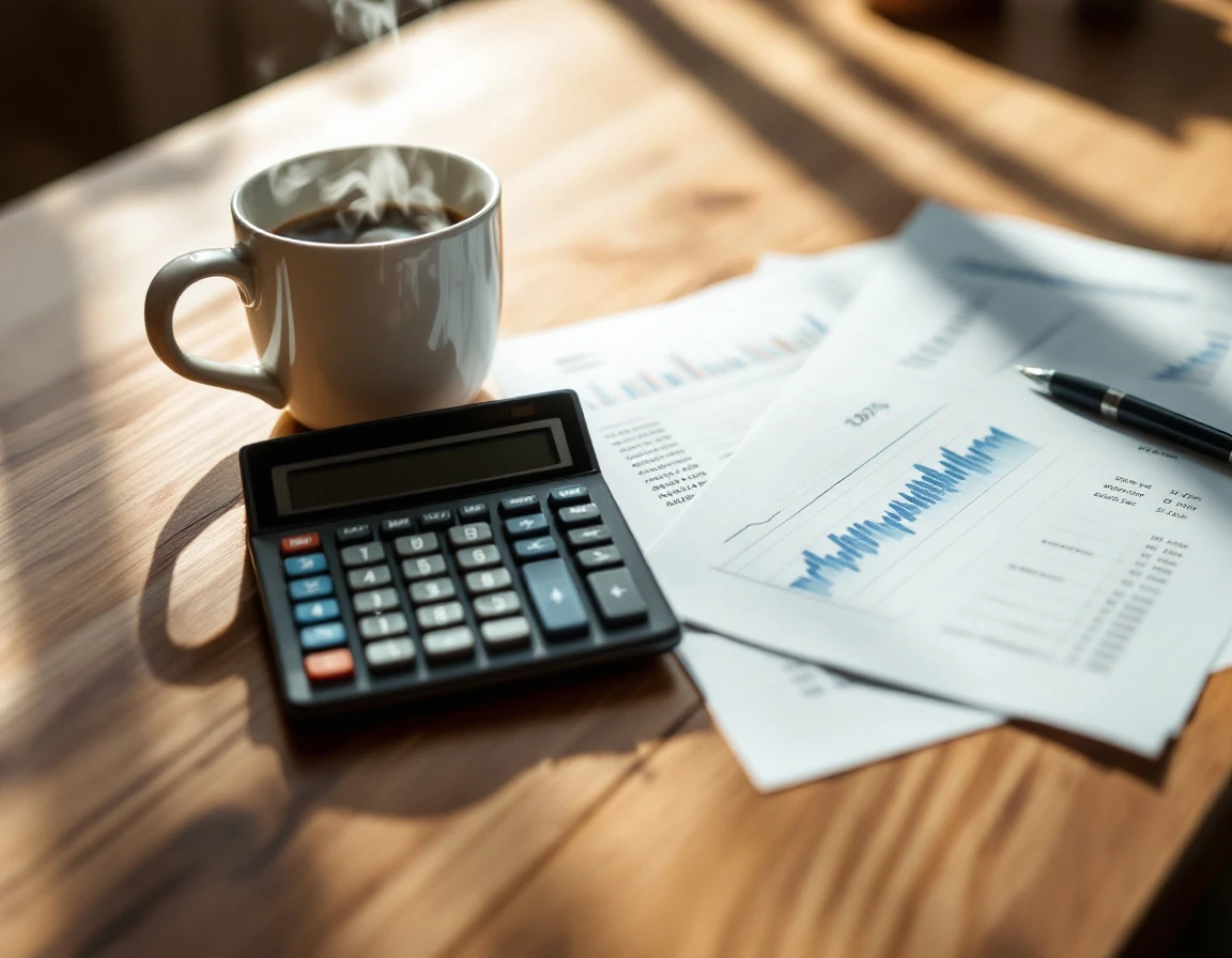 Calculator and coffee on wooden desk with blurred financial documents during retail labor planning