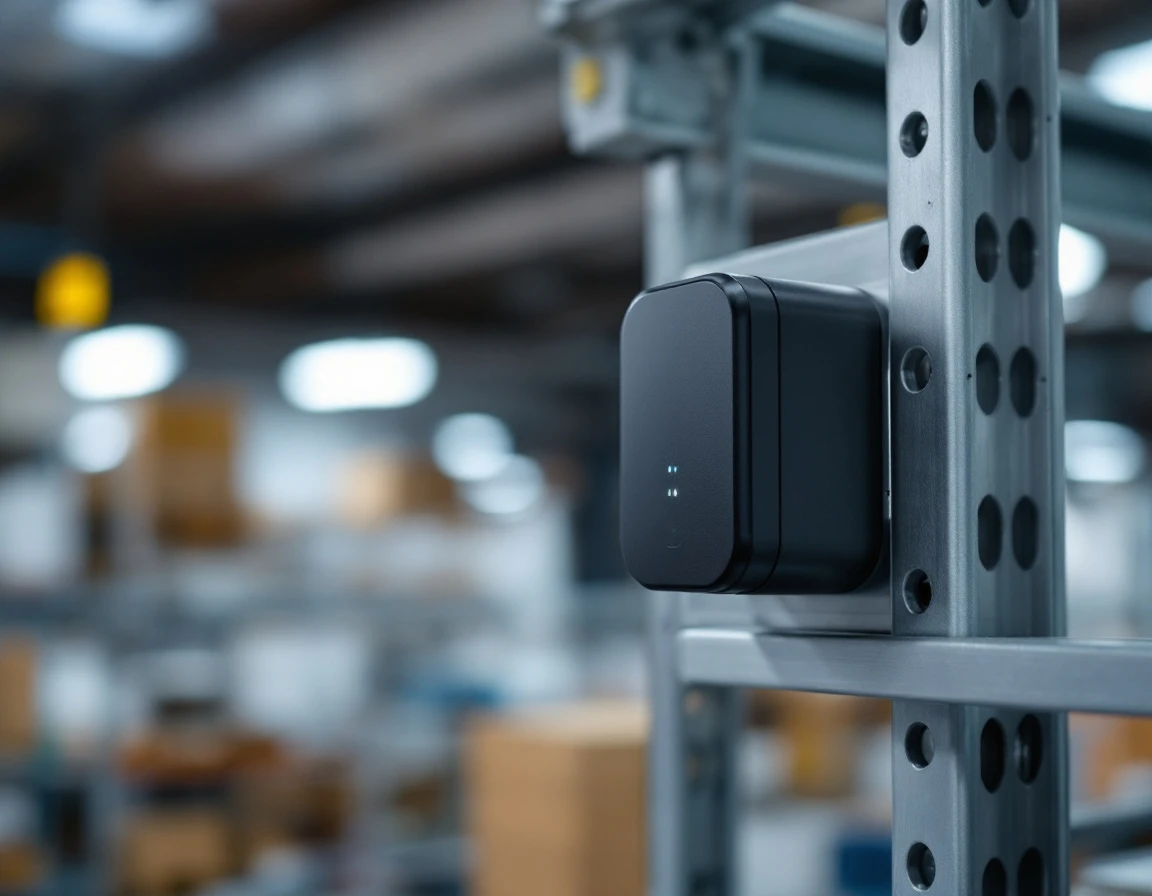 Industrial IoT sensor mounted on warehouse racking for real-time inventory monitoring
