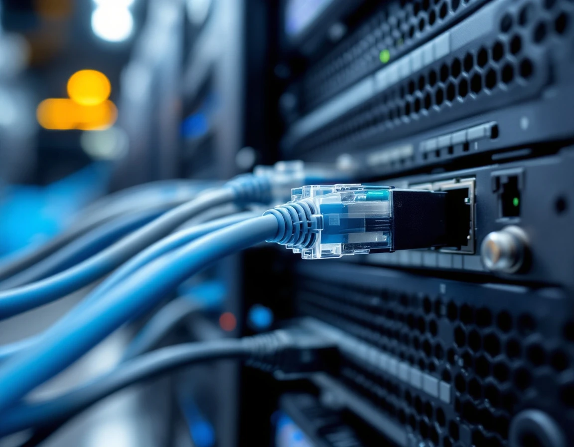 Network cables and fiber optic connections in retail edge computing infrastructure close-up