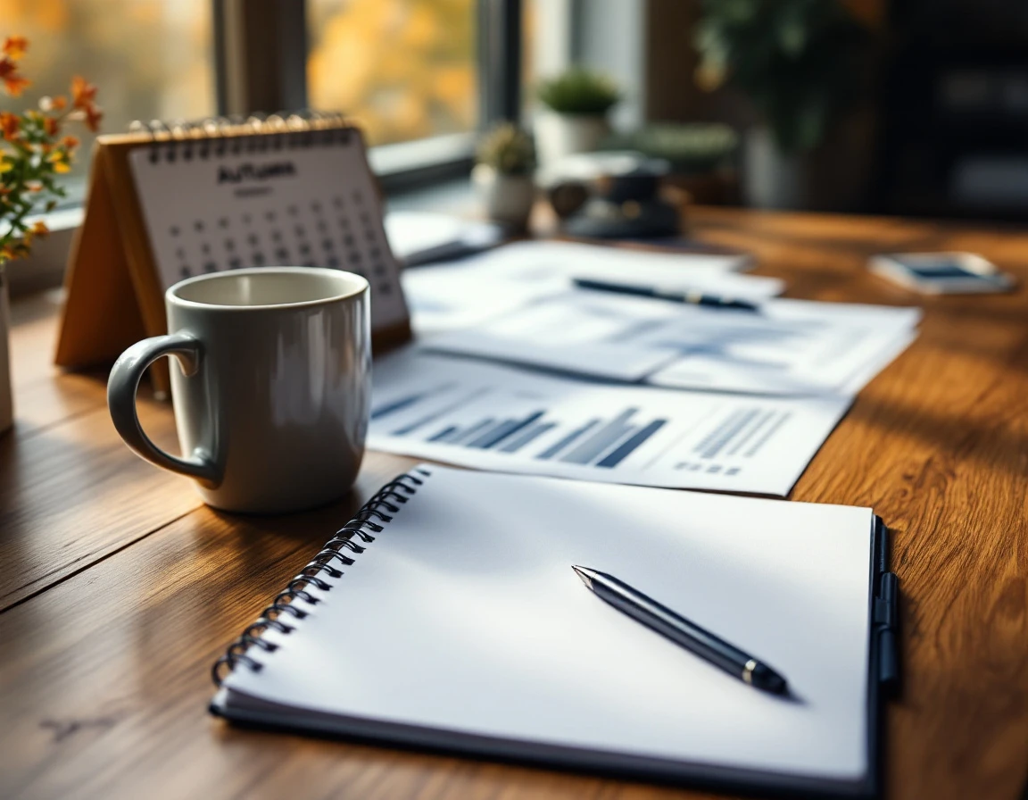 Wooden desk with coffee mug, notebook, and blurred business documents in natural window light
